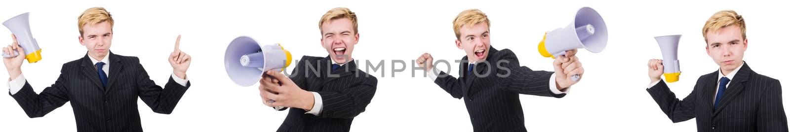 Young man with loudspeaker on white 