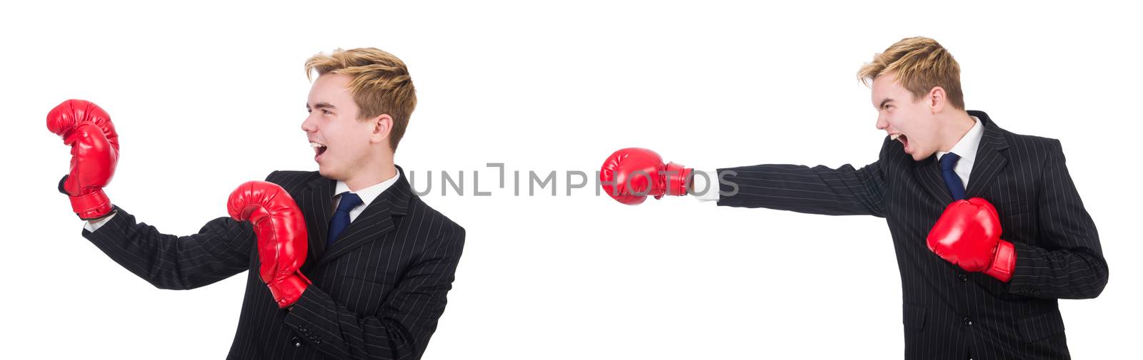 Young employee with boxing gloves isolated on white 