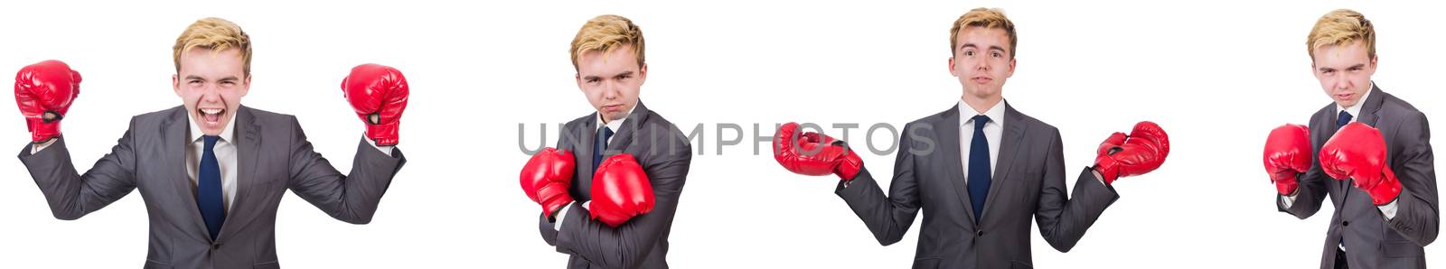 Young employee with boxing gloves isolated on white 