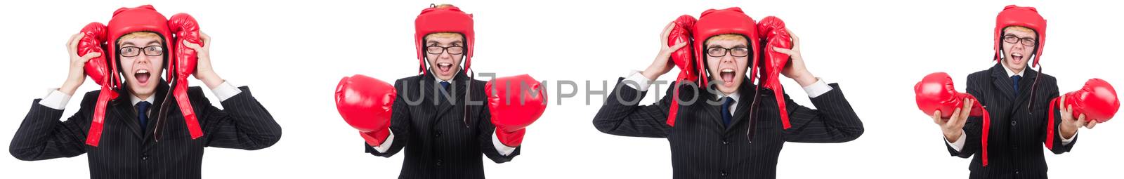 Young employee with boxing gloves isolated on white 