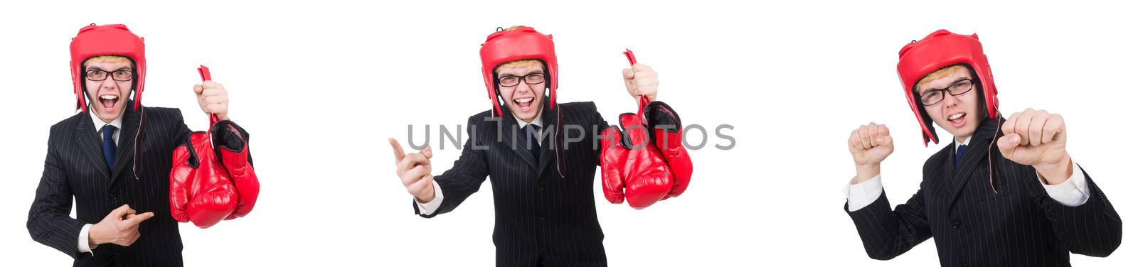 Young employee with boxing gloves isolated on white 