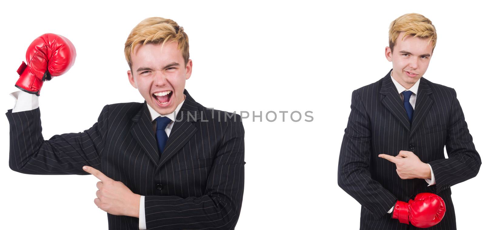 Young employee with boxing gloves isolated on white 