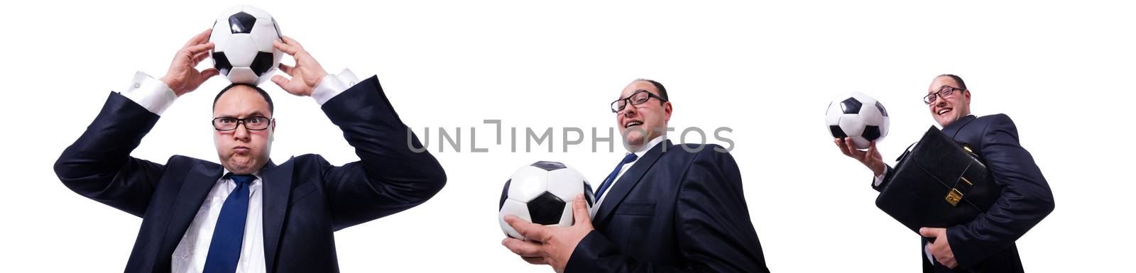 Funny man with football isolated on white