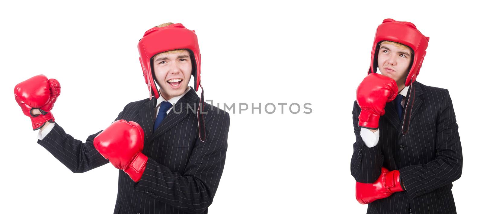 Young employee with boxing gloves isolated on white 