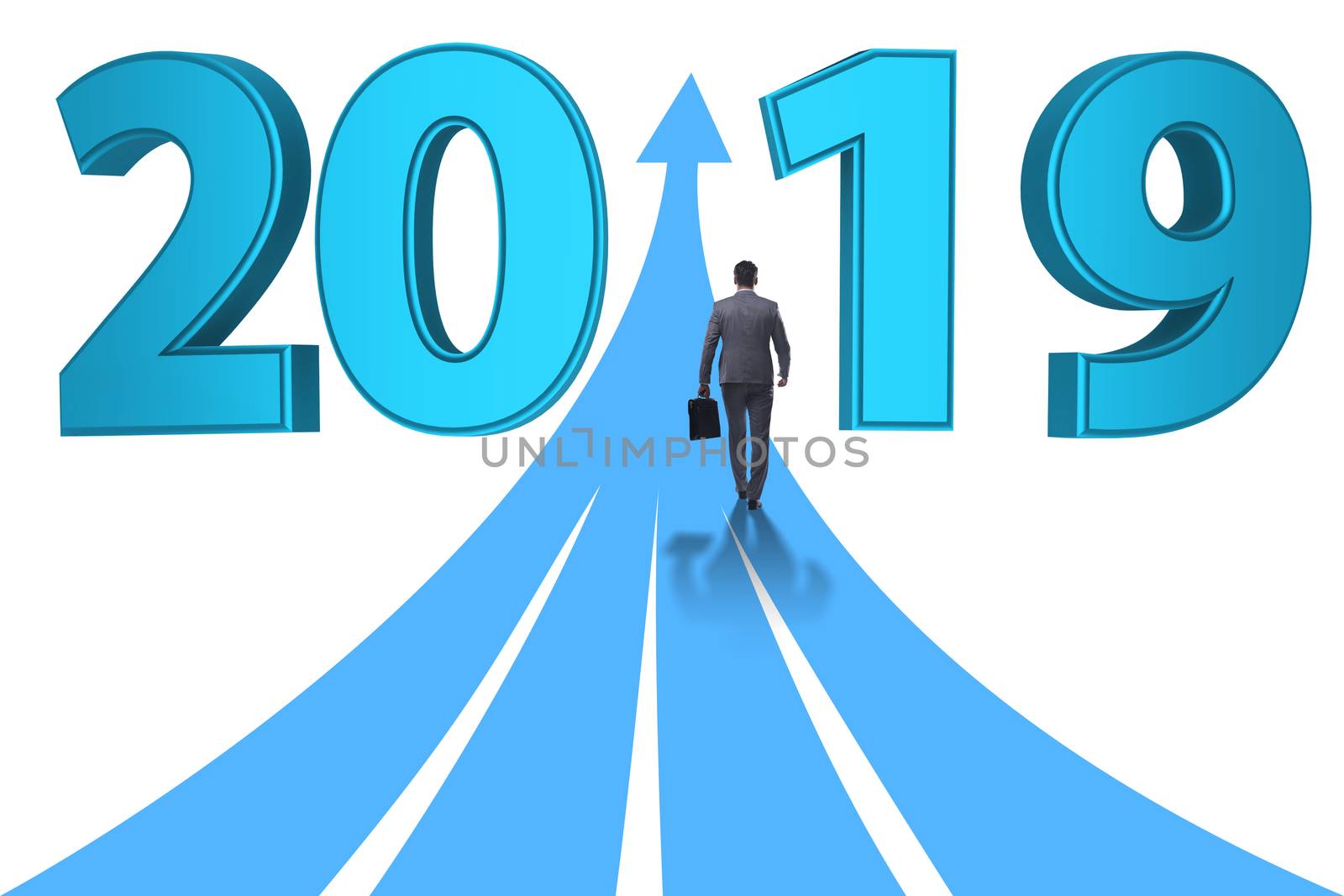 Businessman running into year of 2019