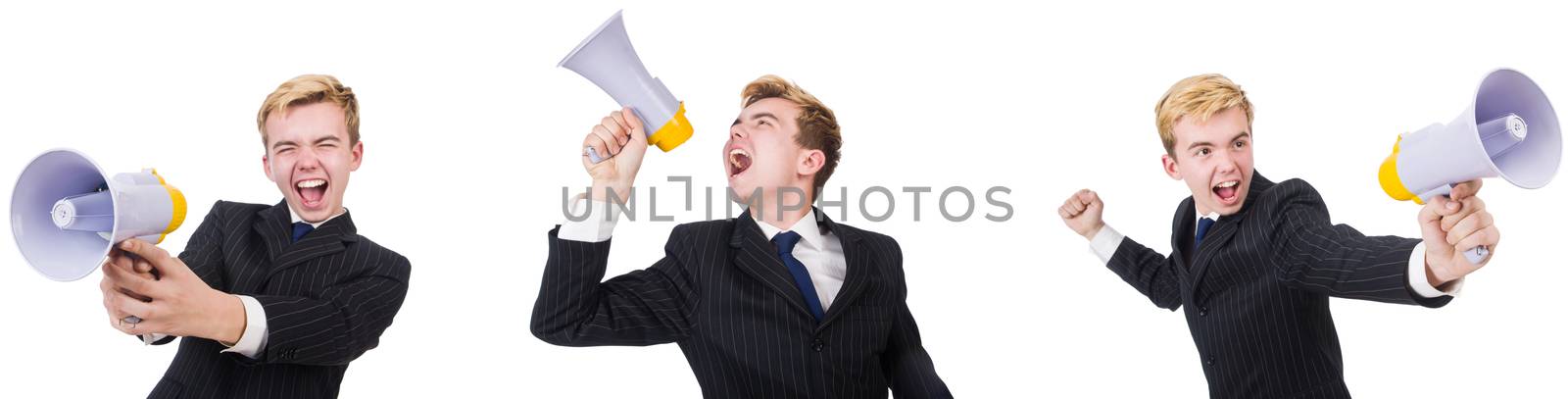 Young man with loudspeaker on white 