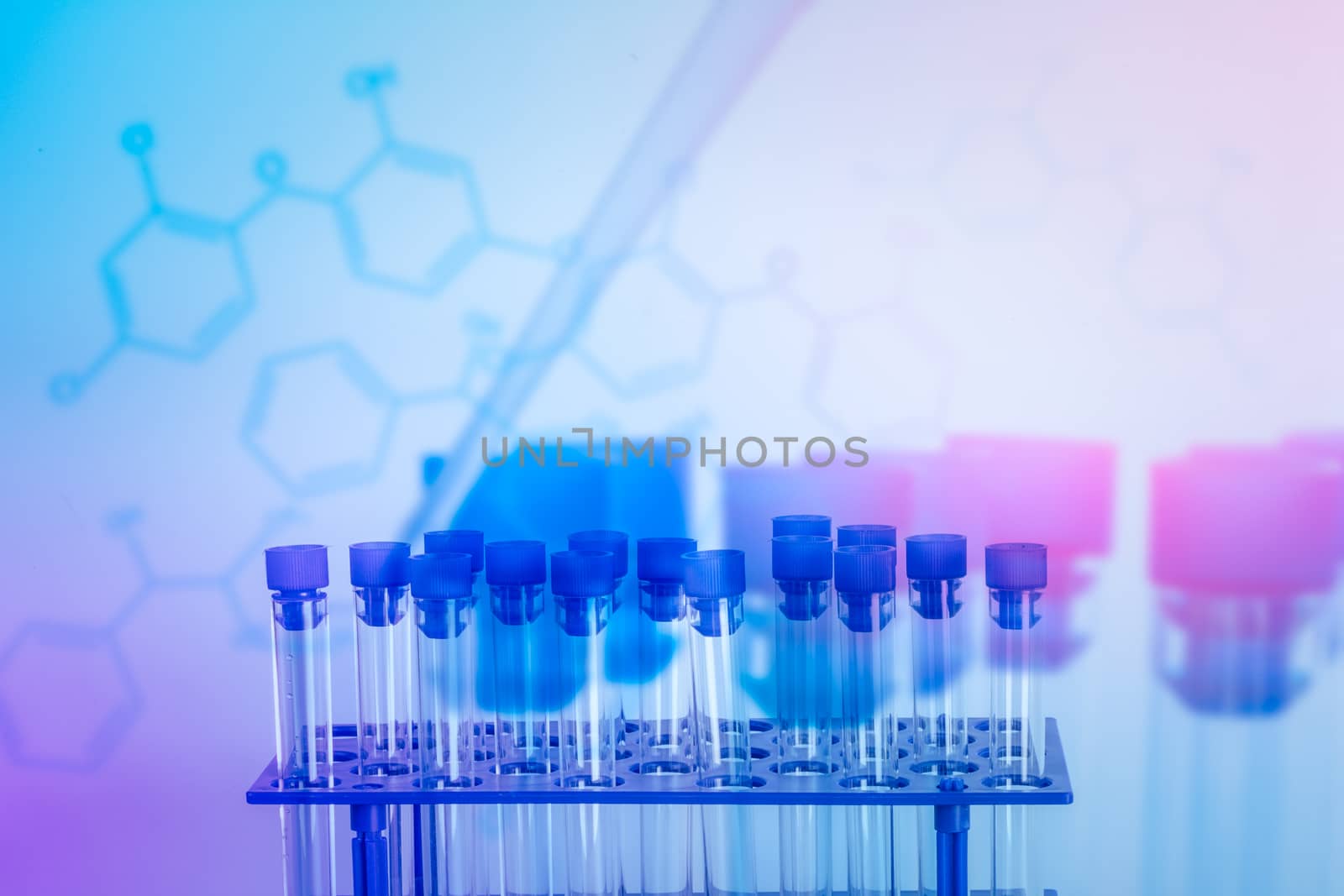 Laboratory research concept. Double exposure Scientist dropping chemical liquid into test tube with molecular chemical background.