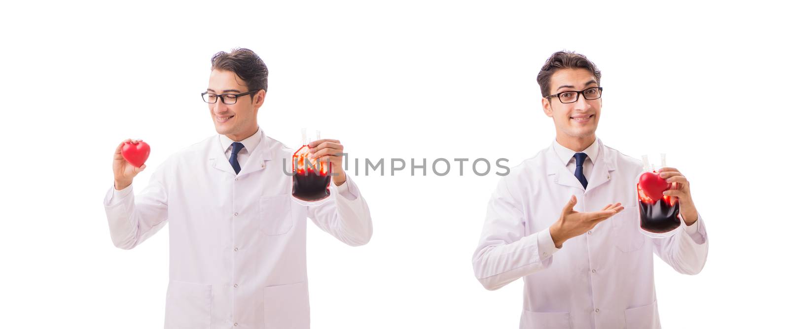 Doctor in blood donation concept isolated on white