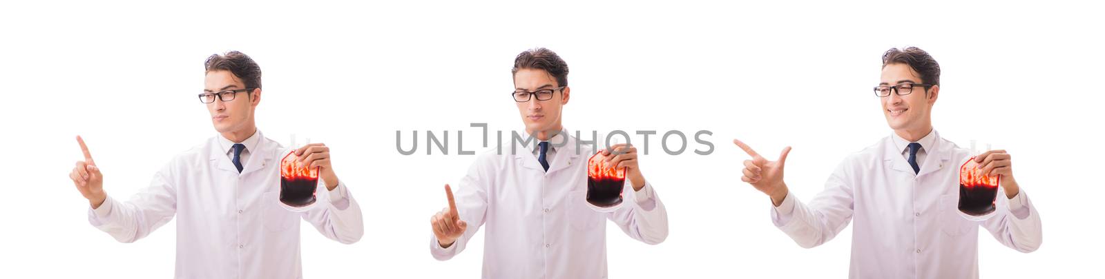 Doctor in blood donation concept isolated on white