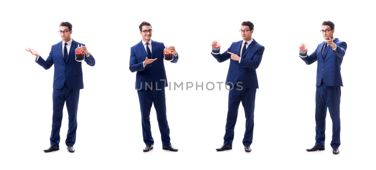 Businessman with blood bag isolated on white