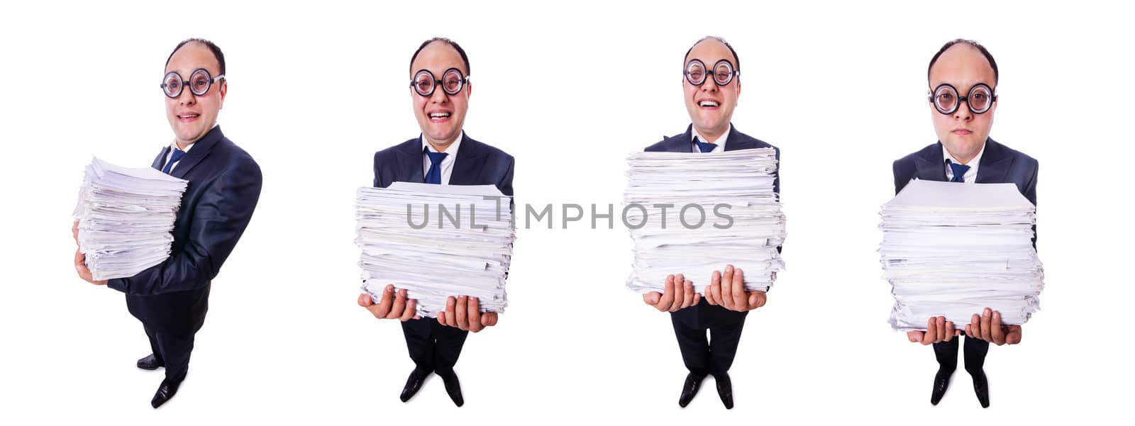 Funny man with lots of folders on white