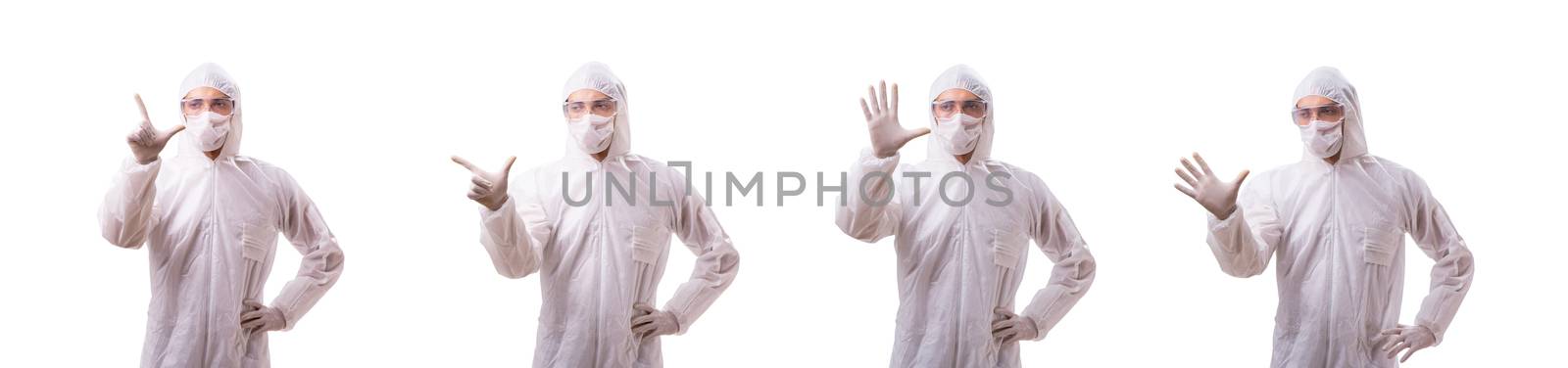 Man in protective suit isolated on white background