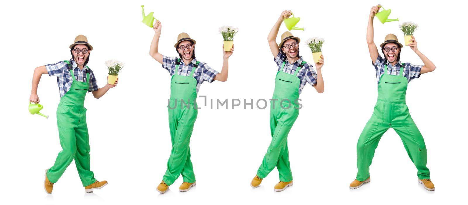 Young funny gardener with tulips and watering can isolated oin white