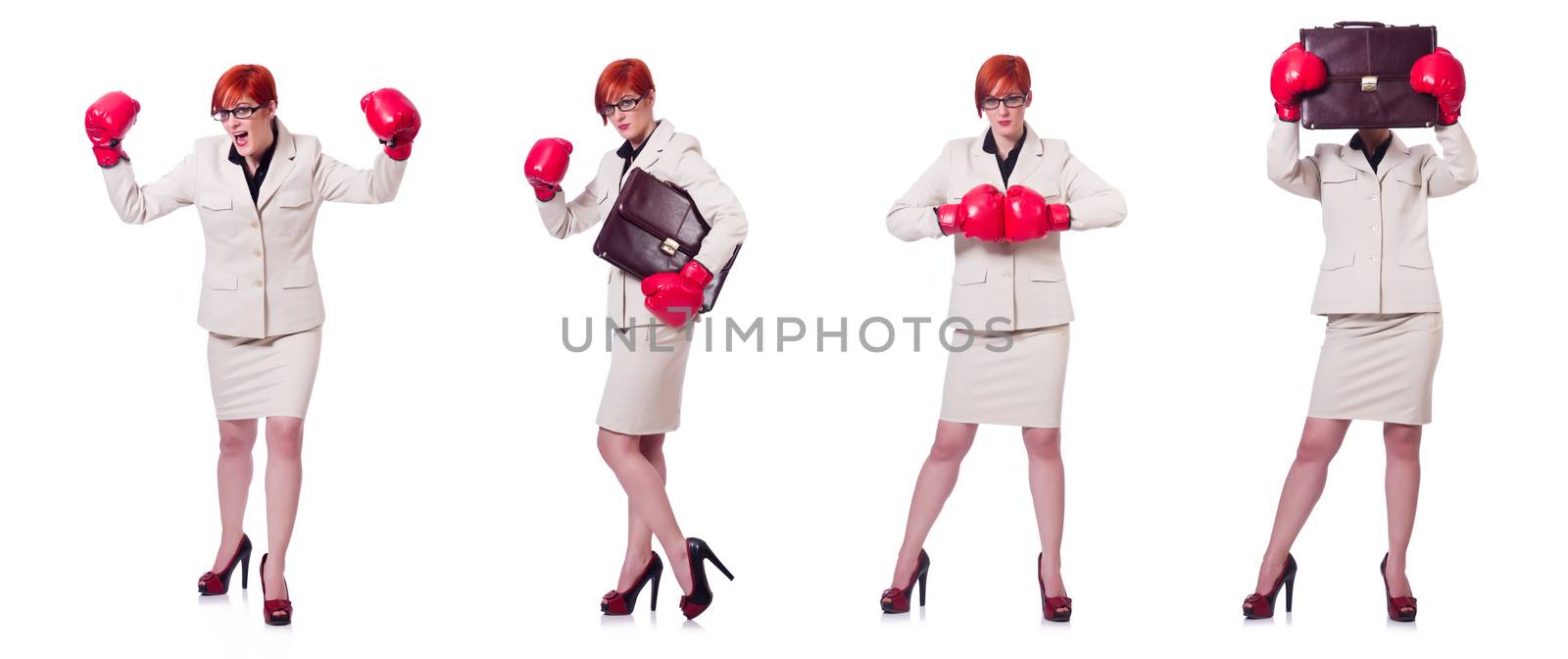 Woman businesswoman with boxing gloves on white