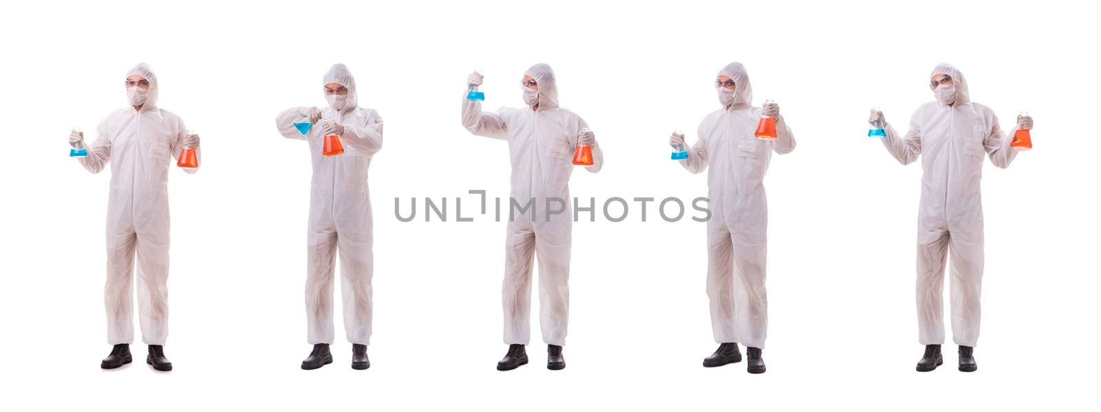 Chemist working with poisonous substances isolated on white background