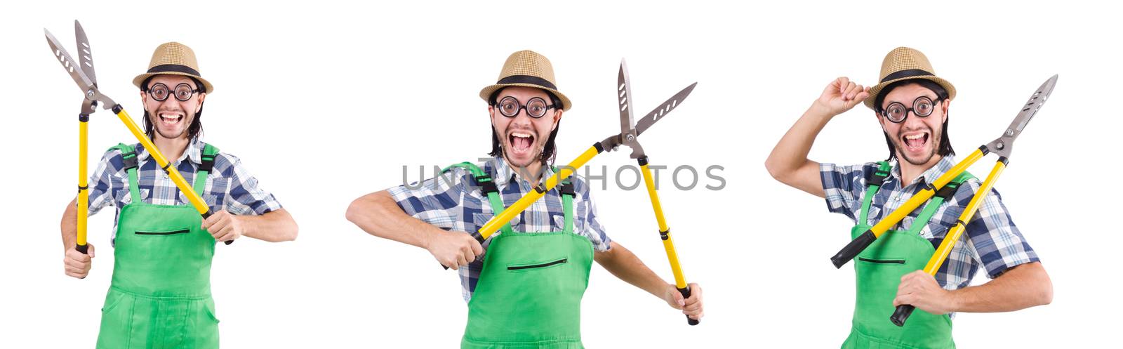 Funny gardener with shears isolated on white