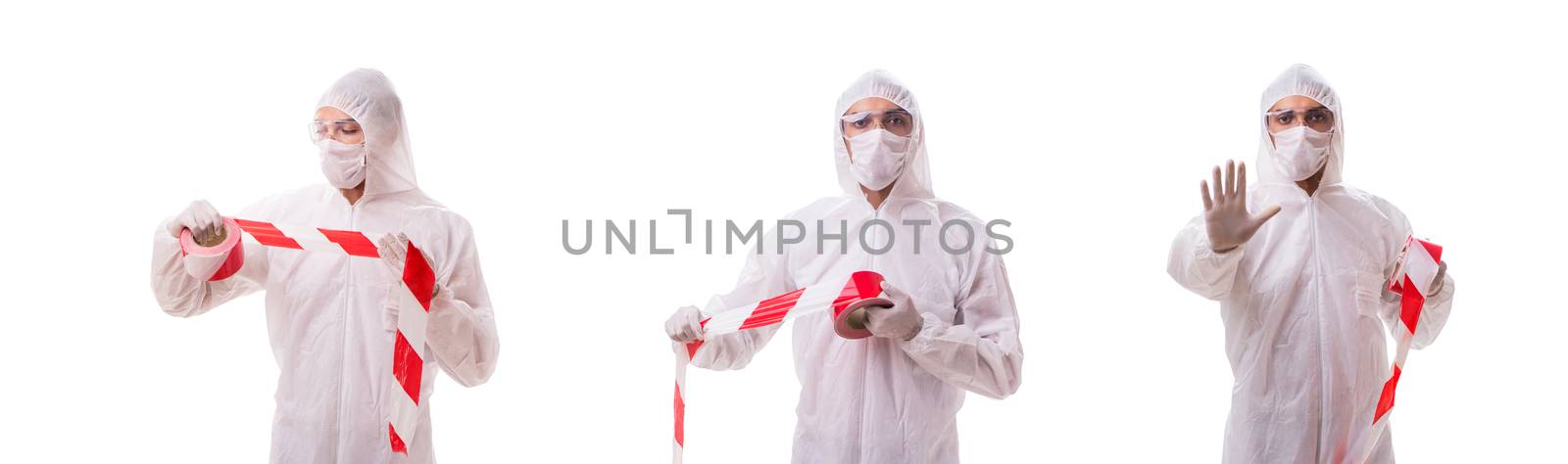 Forensic specialist in protective suit isolated on white