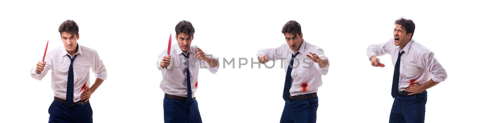 Wounded businessman with blood stains isolated on white background