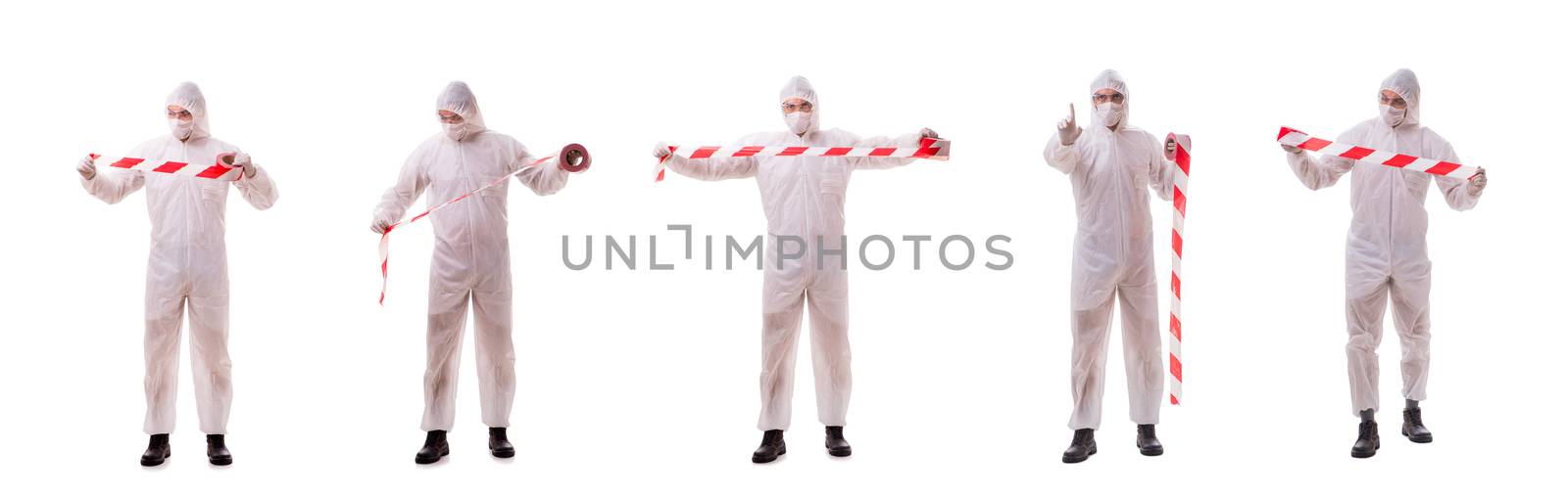 Forensic specialist in protective suit isolated on white