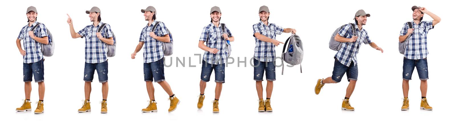 Young traveler with rucksack isolated on white
