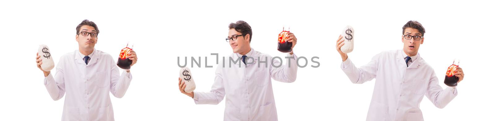 Doctor in blood donation concept isolated on white