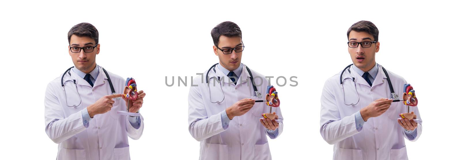 Young doctor with heart shape isolated on white