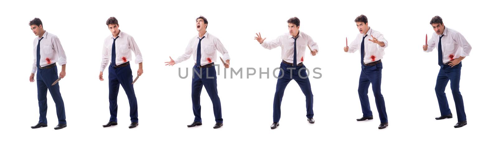 Wounded businessman with blood stains isolated on white background