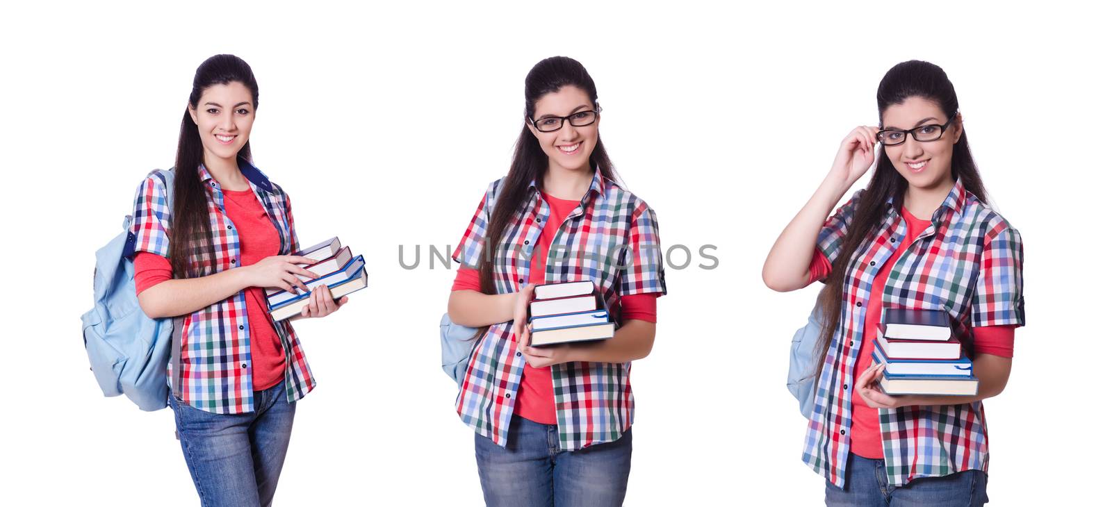 Young student with books on white