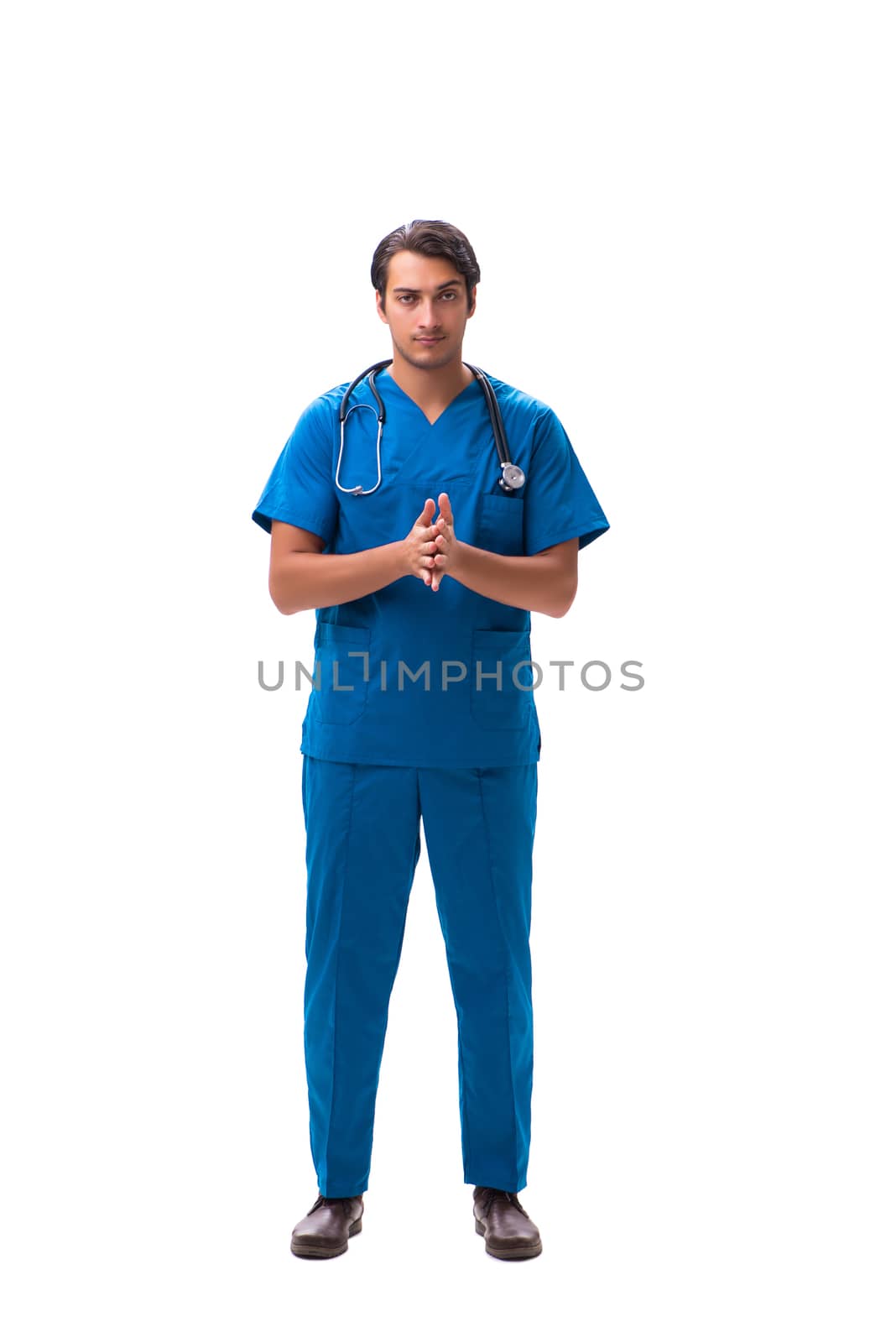 Young handsome doctor isolated on white