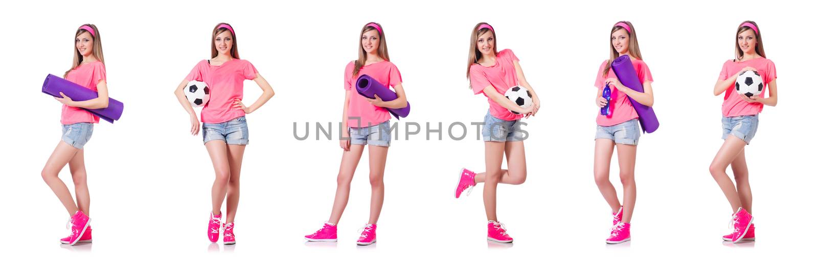 Young woman doing exercises on white