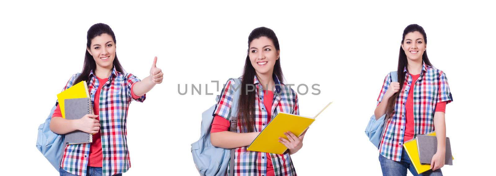 Young student with books on white