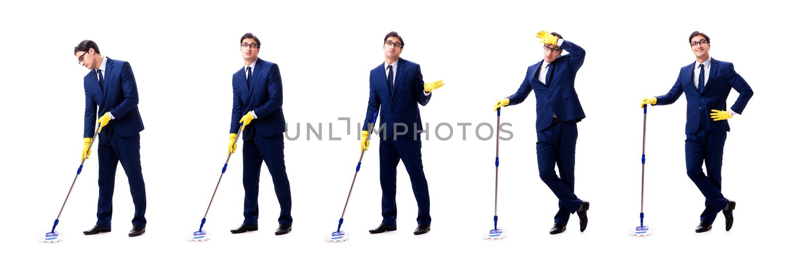 Young handsome businessman with mop isolated on white 