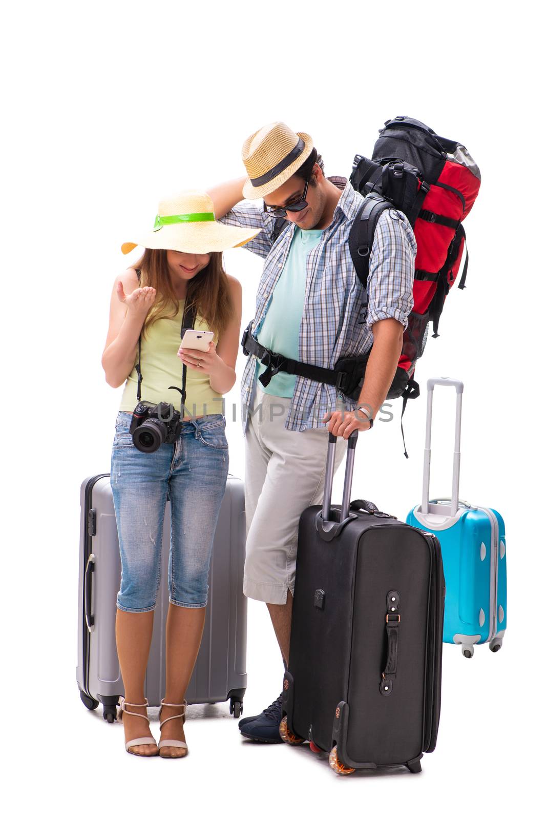 Young family preparing for vacation travel on white