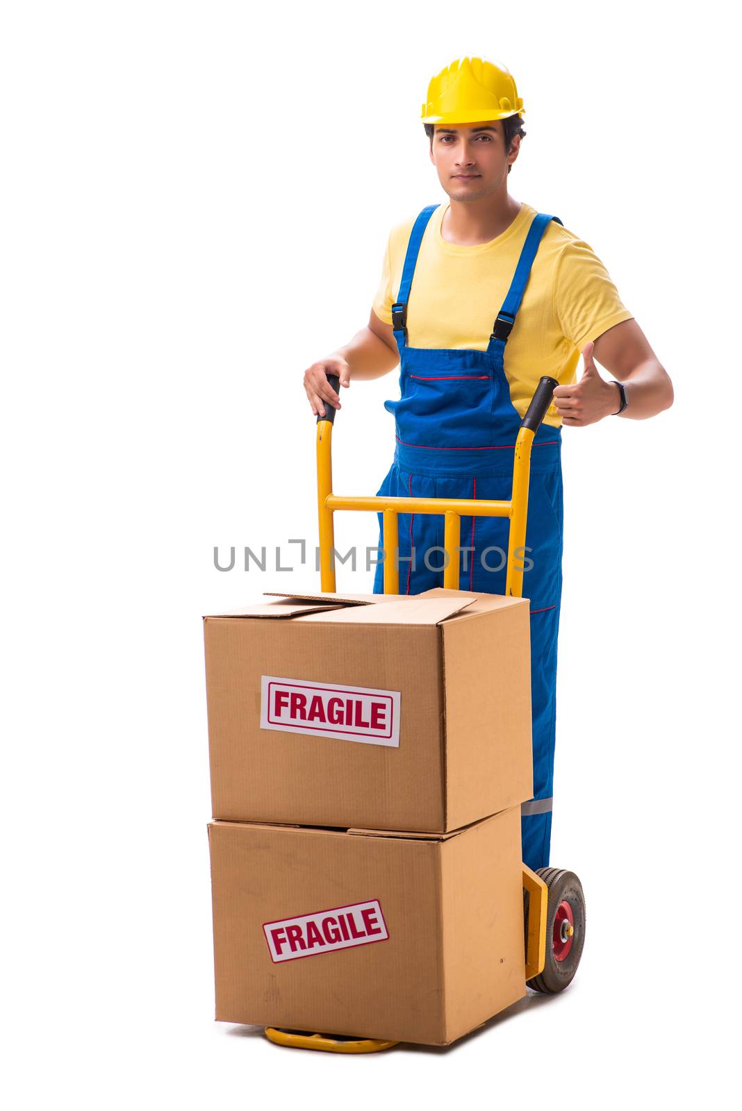 Young contractor with fragile boxes isolated on white