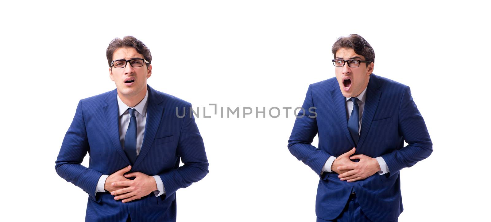 Young sick and unhappy businessman isolated on white background 