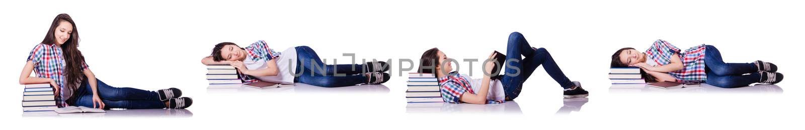 Student with books isolated on white