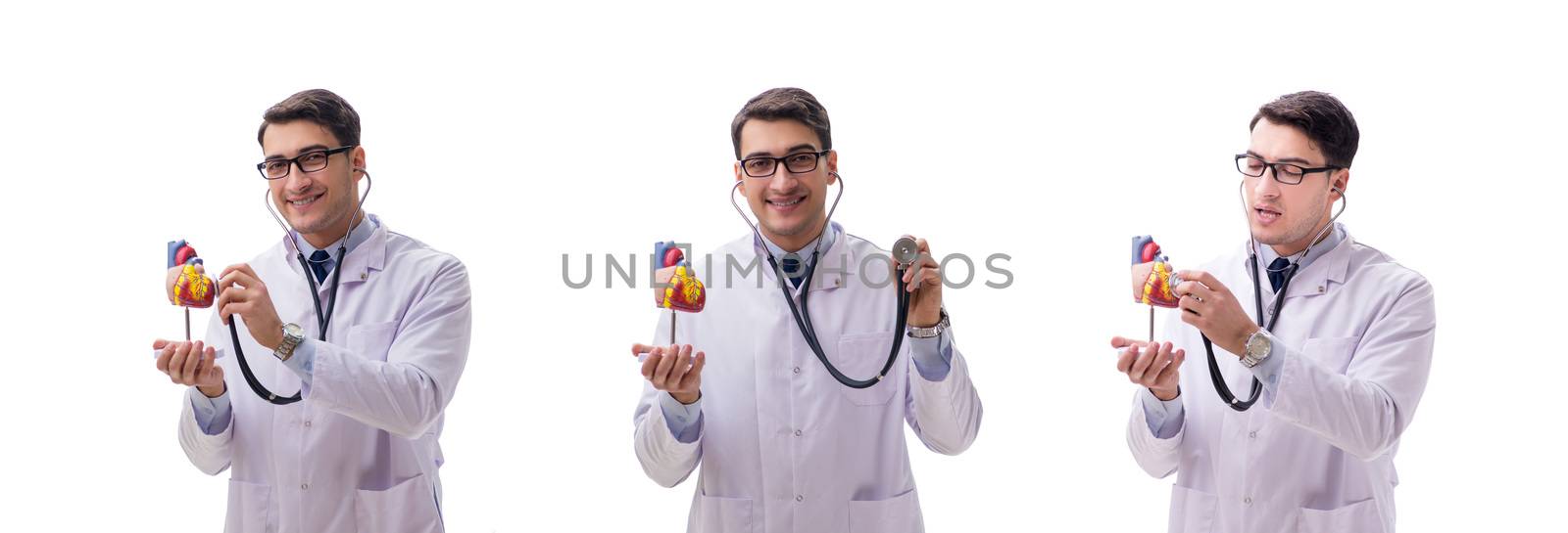 Young doctor with heart shape isolated on white