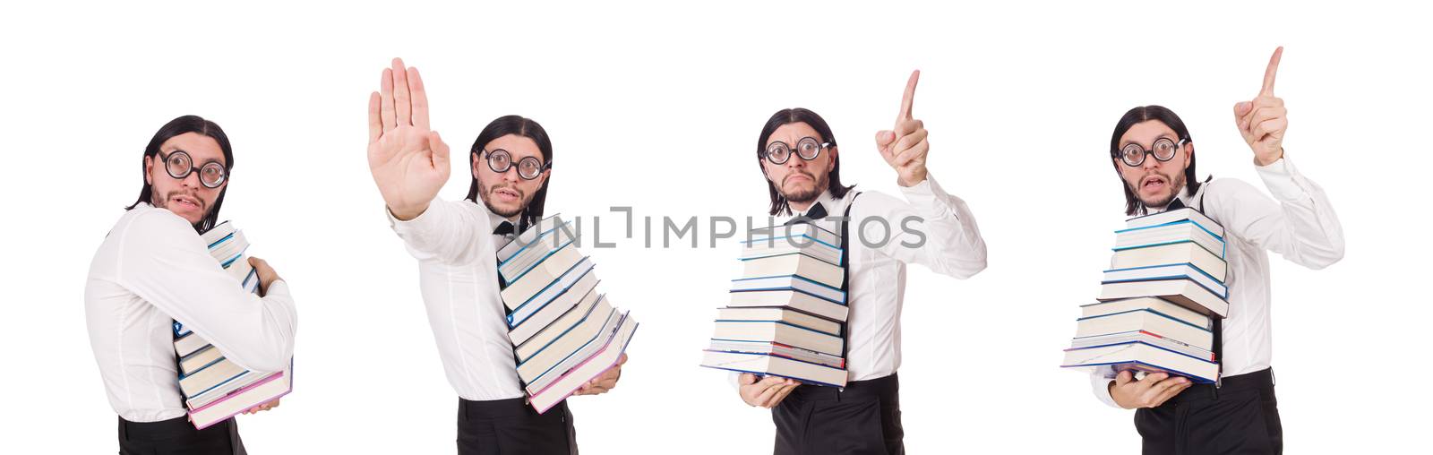 Funny student with books isolated on white