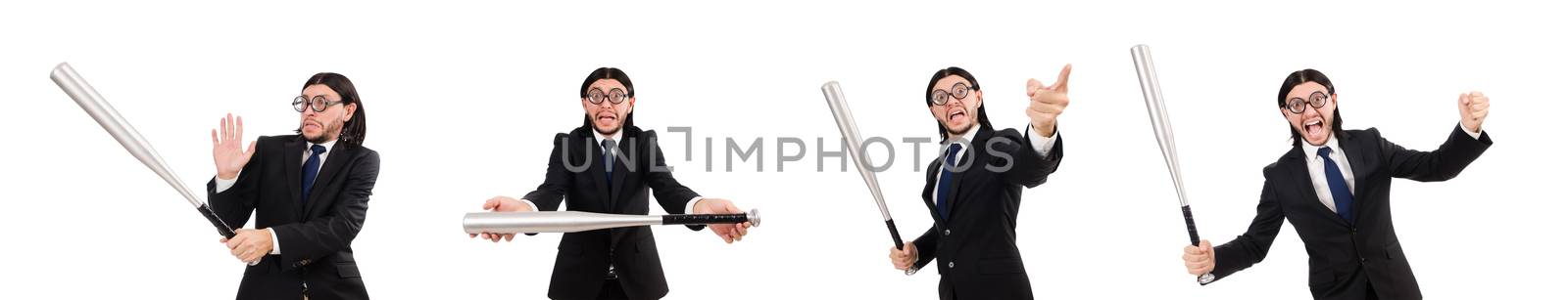 Young elegant man in black suit holding bat isolated on white