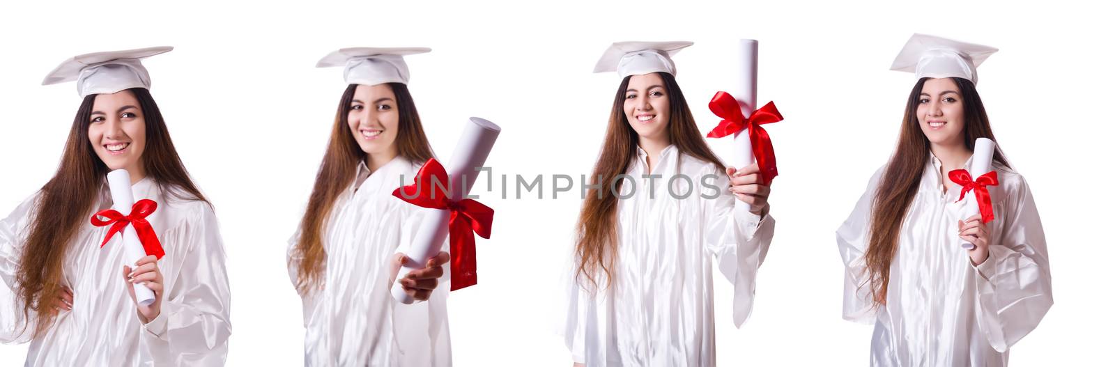 Graduate girl with diploma  isolated on white