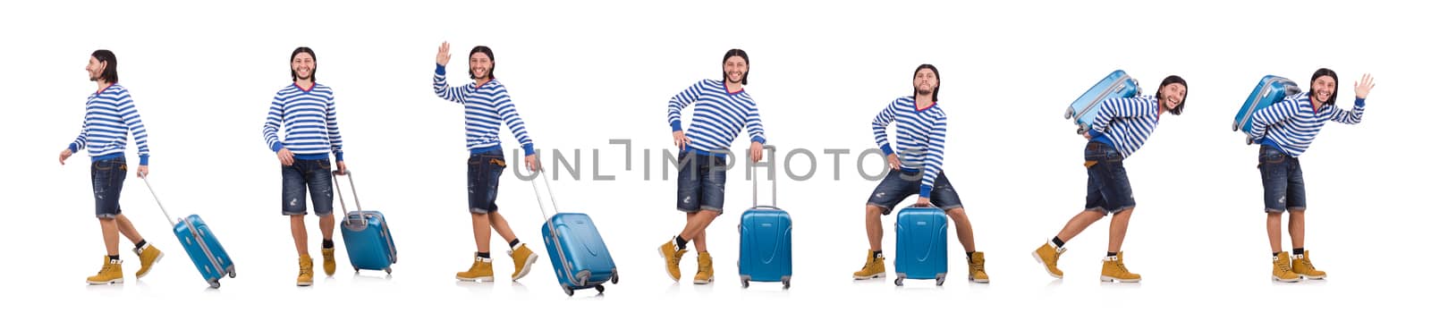A tourist with bags isolated on white