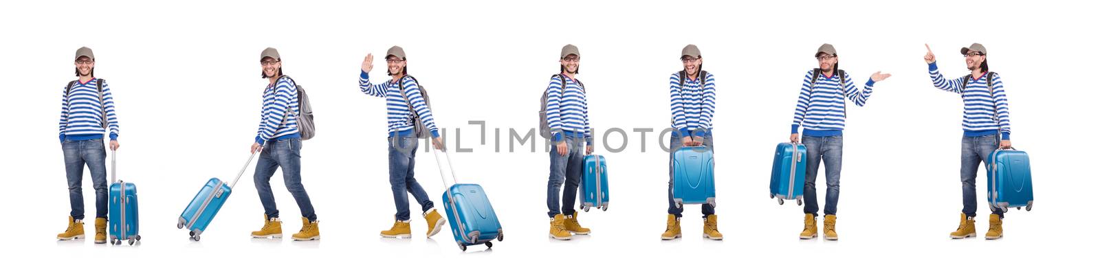 Young traveller with travel case isolated on white