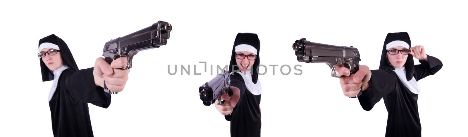 Nun with gun isolated on the white