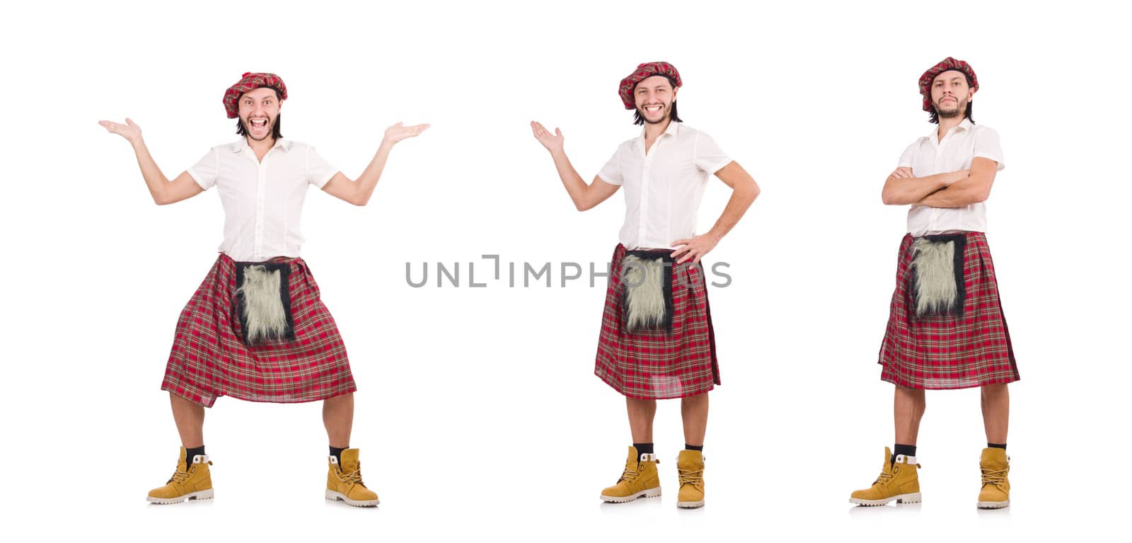 Man in scottish skirt isolated on white