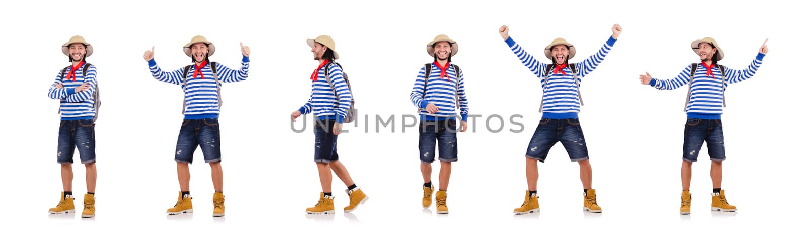 A tourist with bags isolated on white