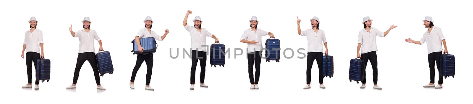 Tourist with suitcase isolated on white