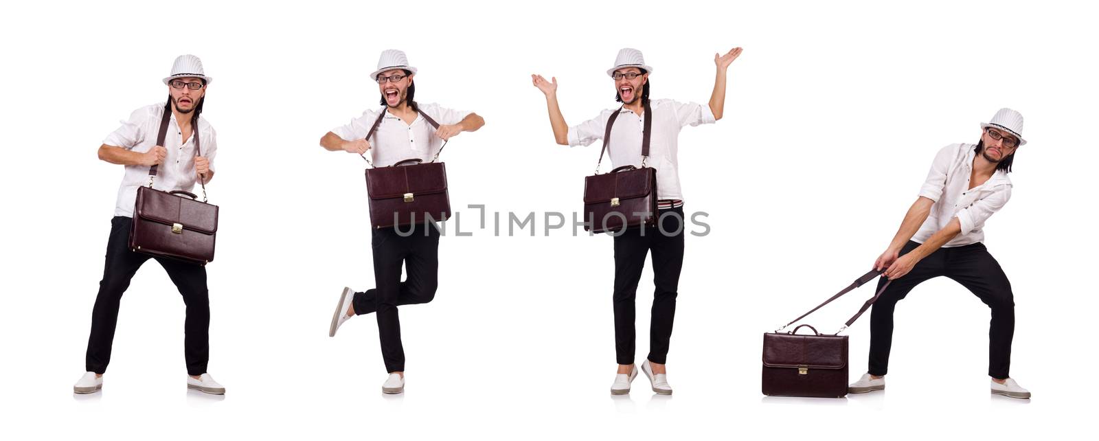 Young man with handbag and hat isolated on white