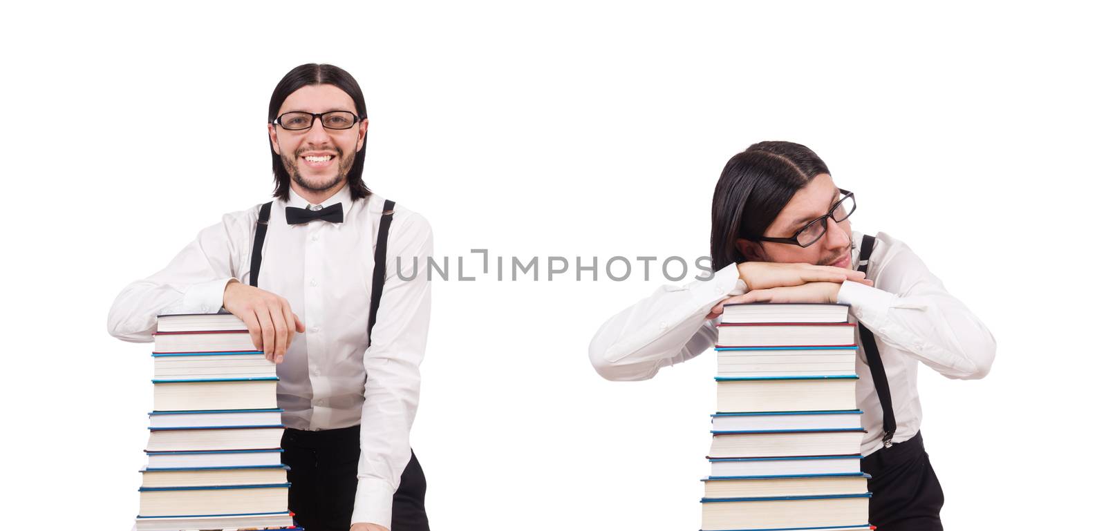 Funny student with books isolated on white