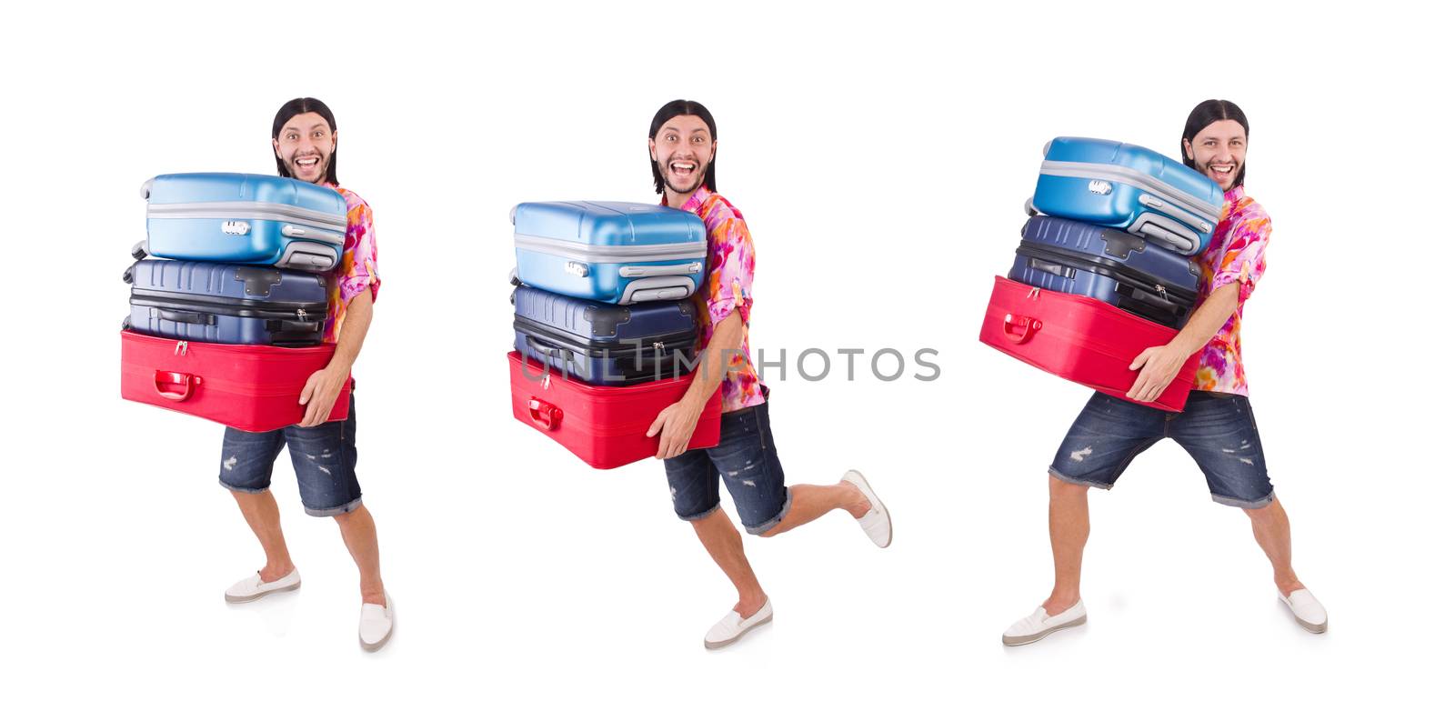 Man travelling with suitcases isolated on white