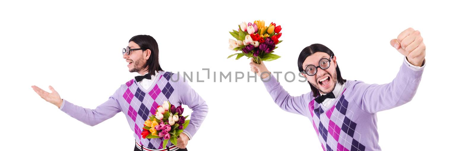 Man holding tulips isolated on white